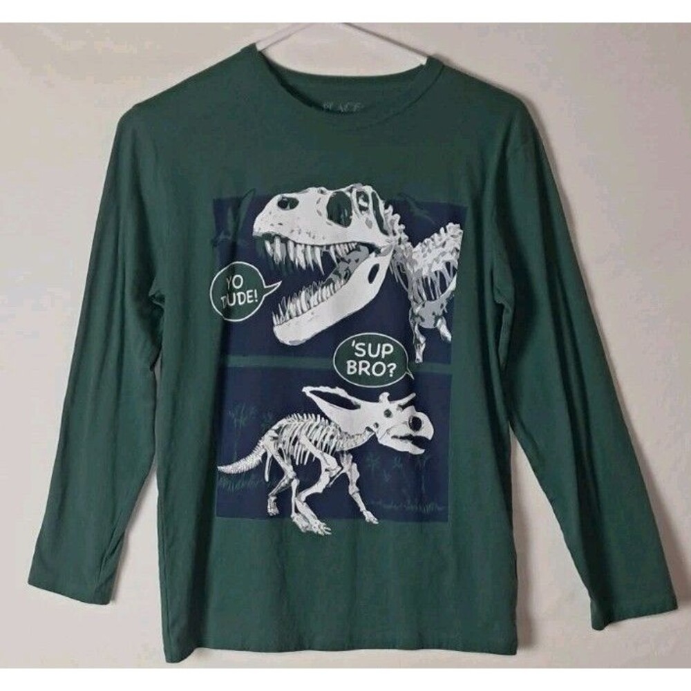 The Children's Place Boys Large 10/12 Long Sleeve Shirt Dinosaur Green
